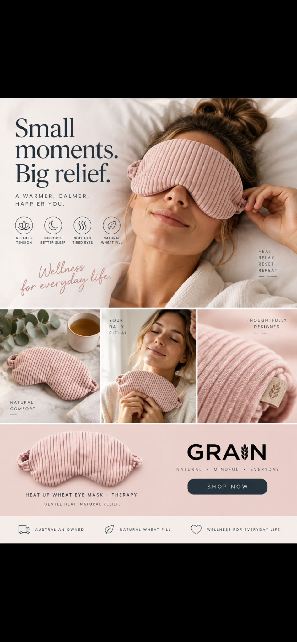Person relaxing at home wearing a blush pink ribbed wheat eye mask